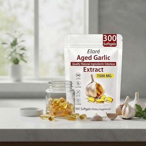 Elare Aged Garlic Extract - 300 Count 7500mg Odorless Organic Garlic Supplement for Heart & Immune Support, 2 Years Aged Garlic Extract, Vegetarian, Non-GMO, All-Natural, Antioxidant Wellness in Saudi Arabia