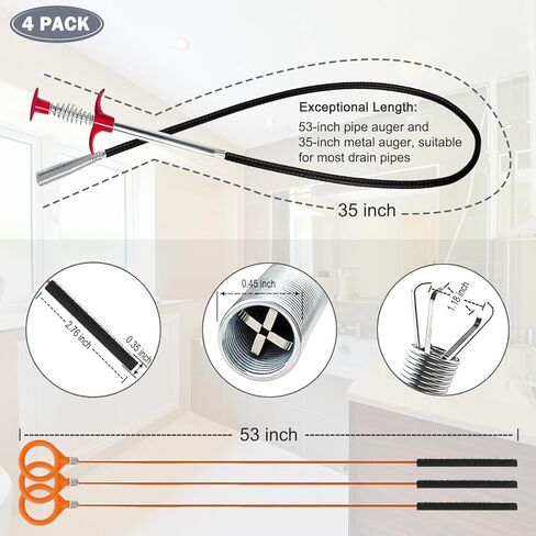 Hair Catcher Drain Auger Cleaner Tool Set - 3 × 53 Inch Sink Snake + 1 × 35 Inch Drain Clog Remover, Set For Toilet, Kitchen Sink, Bathroom Tub, Sewer，4 Pack in Saudi Arabia