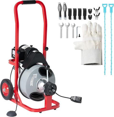 Albott 100 FT x 1/2 inch Electric Drain Cleaner Machine with Auto-Feed & 10 Cutters, Sewer Snake Auger for 1–4 Inch Pipes, Foot Switch & Wheels, Ideal for Home & Commercial Use, Gray/Red in Kuwait