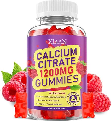 Calcium Citrate Gummies 1200mg Calcium Gummies for Women & Men, Chewable Calcium Supplements Support Immune Health & Bone Strength, Vegan/Sugar-Free/Gluten-Free, Raspberry Flavor 60 Count in Kuwait