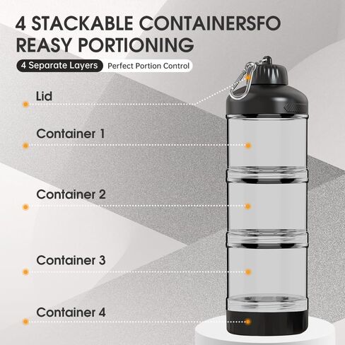 3-Layer Protein Powder Container with Funnel & Keychain, 50g Capacity Portable Supplement Dispenser, Leakproof Clear Stackable Organizer for Gym Travel Workout, BPA-Free Plastic (Black) in Saudi Arabia