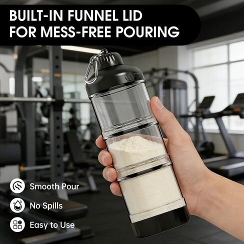 3-Layer Protein Powder Container with Funnel & Keychain, 50g Capacity Portable Supplement Dispenser, Leakproof Clear Stackable Organizer for Gym Travel Workout, BPA-Free Plastic (Black) in Saudi Arabia