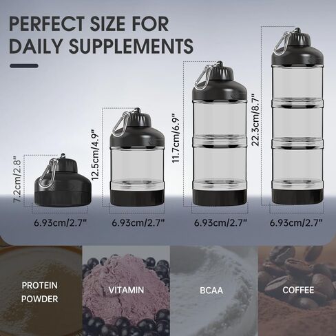 3-Layer Protein Powder Container with Funnel & Keychain, 50g Capacity Portable Supplement Dispenser, Leakproof Clear Stackable Organizer for Gym Travel Workout, BPA-Free Plastic (Black) in Saudi Arabia