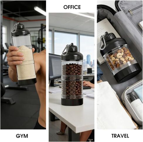 3-Layer Protein Powder Container with Funnel & Keychain, 50g Capacity Portable Supplement Dispenser, Leakproof Clear Stackable Organizer for Gym Travel Workout, BPA-Free Plastic (Black) in Saudi Arabia