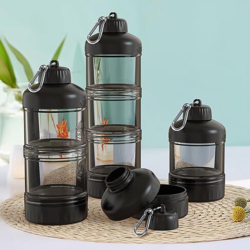 3-Layer Protein Powder Container with Funnel & Keychain, 50g Capacity Portable Supplement Dispenser, Leakproof Clear Stackable Organizer for Gym Travel Workout, BPA-Free Plastic (Black) in Saudi Arabia