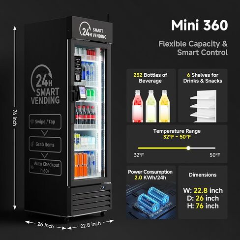 AI Vending Machine with Self-Checkout - DC360 Combo Refrigerated Vending for Fresh Food, Snacks & Cold Beverages - Real Time Inventory - Ideal for Office, School, Hospital, Gym (Black) in Saudi Arabia