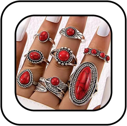 Western Rings Set for Women Red Boho Turquoise Ring Vintage Stackable Knuckle Rings Bohemian Cowboy Cowgirl Jewelry Country Concert Outfits in Kuwait