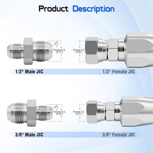 Hydraulic Hose Connector SAE J514 Standard 1/2" Male JIC 37° Flare × 3/8" Male JIC Flared Straight Tube Joints Adapter Fitting 2403-08-06 Carbon Steel (2 PACK) in Kuwait