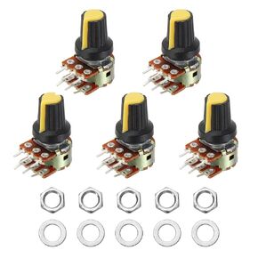 MECCANIXITY 5 مجموعة WH148 B1K أوم طقم قياس الجهد، 6 دبوس عمود منقسم دوار خطي مزدوج تفتق مقياس الجهد الصوتي الدوار مع مقبض الجوز والغسالة للتحكم في مستوى الصوت، عمود 20 مم، أصفر in Kuwait