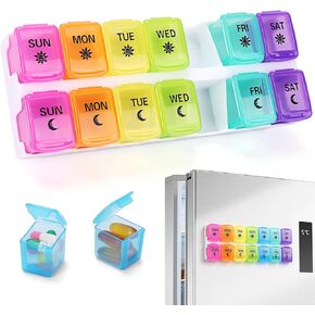 منظم حبوب منع الحمل المغناطيسي من Zentiky للثلاجة - منظم حبوب منع الحمل صباحًا ومساءً مرتين في اليوم، منظم حبوب دواء أسبوعي مغناطيسي لمدة 7 أيام للمكملات اليومية والفيتامينات والأدوية in Kuwait