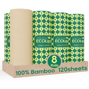 ECOlipak Bamboo Paper Towels - 8 Rolls, 2 Ply 120 Sheets- Plastic Free, Tree Free, Compostable, Disposable Kitchen Paper Towels, Soft and Absorbent, PFAS Free, White in Kuwait