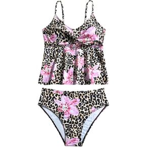 ملابس سباحة Verdusa للفتيات مكونة من قطعتين من تانكيني بنقشة الفهد والزهور وعقدة ملفوفة مع سروال داخلي من البيبلوم in Kuwait
