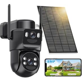 كاميرات أمان تعمل بالطاقة الشمسية بدقة 4K تعمل بالبطارية اللاسلكية في الهواء الطلق، 5 جيجا هرتز و2.4 جيجا هرتز بعدسة مزدوجة وكاميرا أمان خارجية بوصلة 360 درجة PTZ مع لوحة شمسية، تكبير رقمي 8X، رؤية ليلية ملونة (أسود) in Kuwait