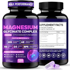 Magnesium Glycinate Complex 1150mg - Gentle on Stomach High Absorption Magnesium Capsules with Citrate, Silica, Ashwagandha & Vitamin B6 for Zzz, Stress Relief, Muscle Support for Adults, Women & Men in Kuwait