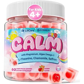 Kids Calm Magnesium Bisglycinate Saffron Gummies + Vegan Omega 3 - Magnesium Glycinate Chelated Supplement for Kids w/L-Theanine & Chamomile, Natural Calming Supplement Focus Gummies Sugar Free, 60ct in Kuwait