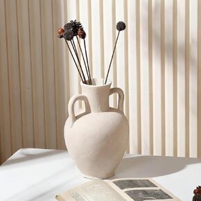 Handmade Ceramic Decorative Vase – Warm White Rustic Textured 10.4" Round Vase with Irregular Waves and Weathered Stone Finish for Home, Office, Farmhouse Decor in Saudi Arabia