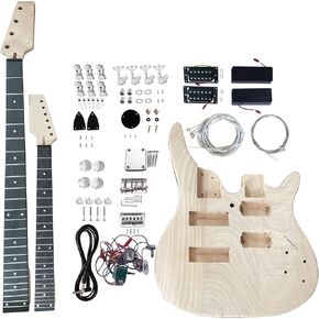 Electric Guitarr and Bass Double Neck Kit 6 String and 4 String Guitarr Kits Right Handed with Mahogany Body Mahogany Neck Rosewood Fingerboard Chrome Hardware DIY Build Your Own Bass and Guitarr. in Kuwait