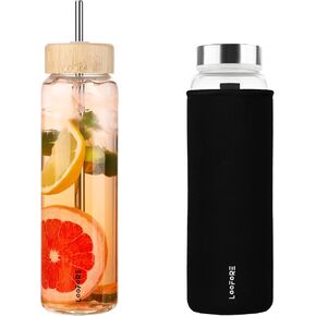 32 oz Glass Water Bottle with Straw - Reusable Eco Friendly Bpa Free - Borosilicate Glass Water Bottles with 2 Lids & Neoprene Sleeve - for Gym, Sports & Workout, Daily - 1 Pack in Kuwait