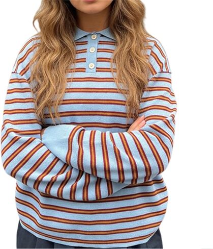 Women Y2k Striped Rugby Polo Shirt Knit Vinatge Tops Long Sleeve Button Collared Neck Preppy Pullover Sweatshirt in Saudi Arabia