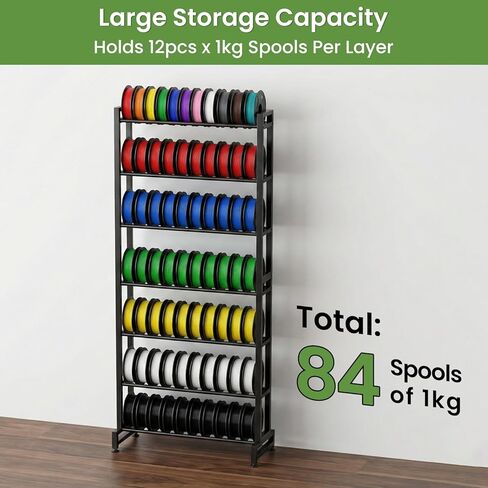 3D Printer Filament Rack, 7-Tier Heavy Duty Filament Storage Shelf, Reinforced Steel Organizer for PLA PETG ABS TPU Spools, Adjustable for 200g–5kg Filaments, Ideal for Print Farm, Maker Space, Lab in Kuwait