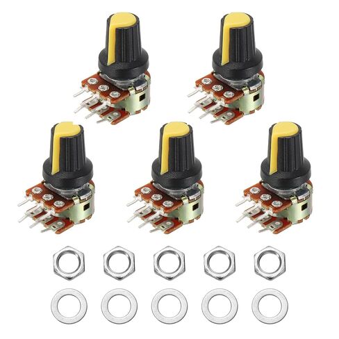 MECCANIXITY 5 مجموعة WH148 B1K أوم طقم قياس الجهد، 6 دبوس عمود منقسم دوار خطي مزدوج تفتق مقياس الجهد الصوتي الدوار مع مقبض الجوز والغسالة للتحكم في مستوى الصوت، عمود 20 مم، أصفر in Kuwait