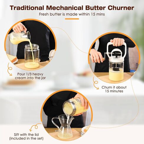 CAROD Traditional Manual Butter Churn Maker, 1.2L Capacity Glass Jar with Sifting Lid, Create Delicious Homemade Butter within 15 Min, Upgraded Design Protect from Injury in Kuwait