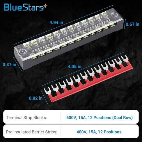 BlueStars 5 Packs 12 Positions Terminal Strip Blocks 600V 15A with Cover and 10 Packs 400V 15A 12 Positions Pre-Insulated Terminals Barrier Strip Used for Home Electrical Project in Saudi Arabia