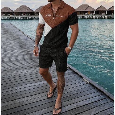 Men's Track Suit 2 Piece Color Block Letter Graphic Short Sleeve Polo & Shorts Set in Saudi Arabia