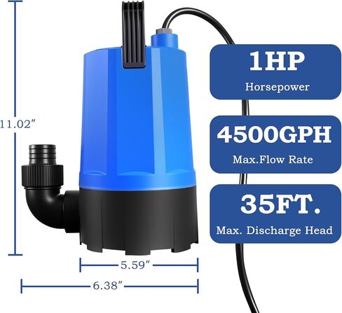 Sump Pump, 1 HP 4500 GPH Submersible Water Pump Utility Pump, Thermoplastic Electric Portable Water Transfer Pump for Swimming Pools Gardens Ponds Basements Window Wells, with 20 Feet Long Power Cord. in Saudi Arabia