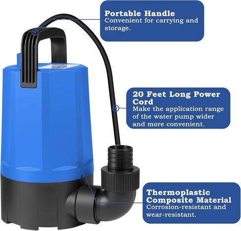 Sump Pump, 1 HP 4500 GPH Submersible Water Pump Utility Pump, Thermoplastic Electric Portable Water Transfer Pump for Swimming Pools Gardens Ponds Basements Window Wells, with 20 Feet Long Power Cord. in Saudi Arabia