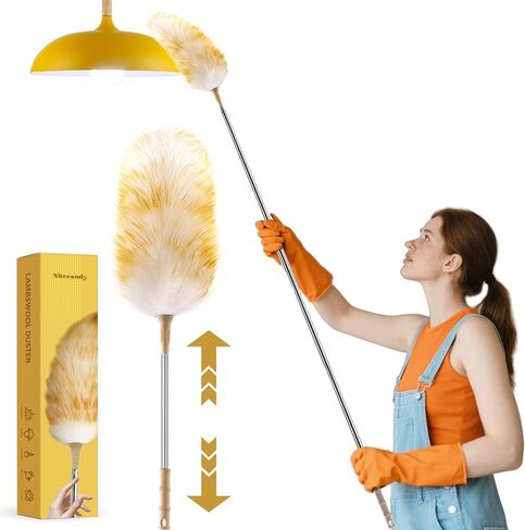 Extendable Lambswool Duster 30-100 Inch, Stainless Steel Long Handle Duster, Natural Feather Duster for Cleaning High Ceilings, Fans, Bookshelves, Interior, Cars, Brown in Saudi Arabia