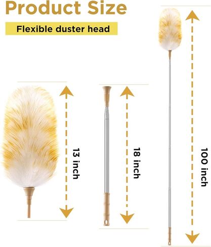 Extendable Lambswool Duster 30-100 Inch, Stainless Steel Long Handle Duster, Natural Feather Duster for Cleaning High Ceilings, Fans, Bookshelves, Interior, Cars, Brown in Saudi Arabia