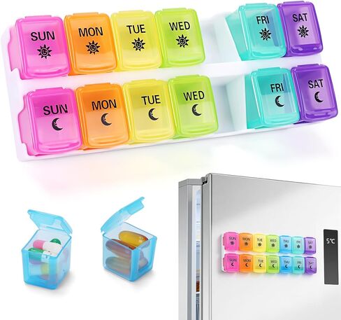 منظم حبوب منع الحمل المغناطيسي من Zentiky للثلاجة - منظم حبوب منع الحمل صباحًا ومساءً مرتين في اليوم، منظم حبوب دواء أسبوعي مغناطيسي لمدة 7 أيام للمكملات اليومية والفيتامينات والأدوية in Kuwait