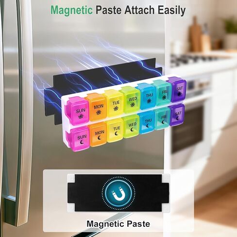 منظم حبوب منع الحمل المغناطيسي من Zentiky للثلاجة - منظم حبوب منع الحمل صباحًا ومساءً مرتين في اليوم، منظم حبوب دواء أسبوعي مغناطيسي لمدة 7 أيام للمكملات اليومية والفيتامينات والأدوية in Kuwait