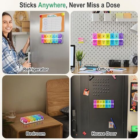 منظم حبوب منع الحمل المغناطيسي من Zentiky للثلاجة - منظم حبوب منع الحمل صباحًا ومساءً مرتين في اليوم، منظم حبوب دواء أسبوعي مغناطيسي لمدة 7 أيام للمكملات اليومية والفيتامينات والأدوية in Kuwait