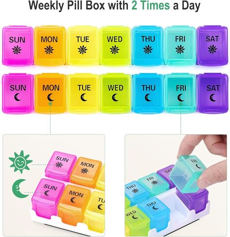 منظم حبوب منع الحمل المغناطيسي من Zentiky للثلاجة - منظم حبوب منع الحمل صباحًا ومساءً مرتين في اليوم، منظم حبوب دواء أسبوعي مغناطيسي لمدة 7 أيام للمكملات اليومية والفيتامينات والأدوية in Kuwait