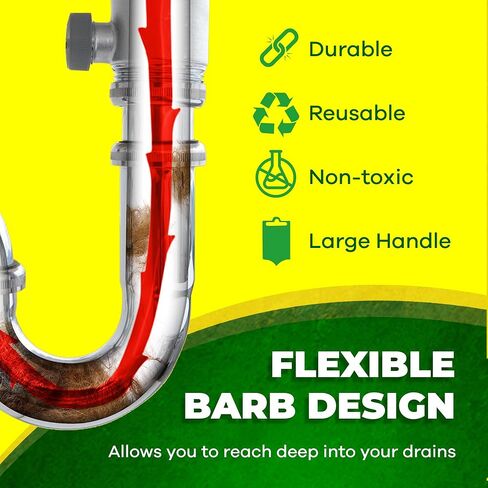 مزيل انسداد تصريف الشعر من زيب إت، أداة فك الانسداد مقاس 63.5 سم للاستحمام والحوض والمغسلة في ثوانٍ، قابلة لإعادة الاستخدام، مرنة، غير سامة، ثعبان تصريف (3 عبوات) in Kuwait