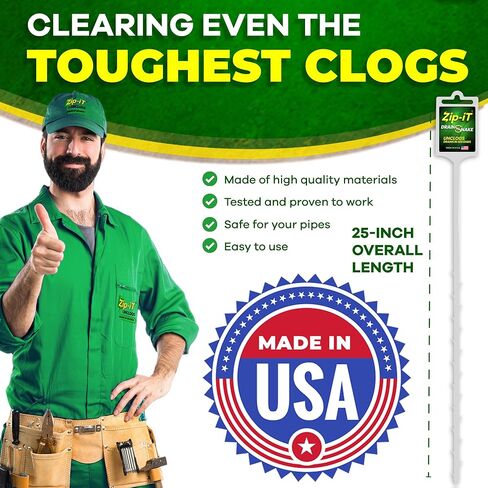 مزيل انسداد تصريف الشعر من زيب إت، أداة فك الانسداد مقاس 63.5 سم للاستحمام والحوض والمغسلة في ثوانٍ، قابلة لإعادة الاستخدام، مرنة، غير سامة، ثعبان تصريف (3 عبوات) in Kuwait