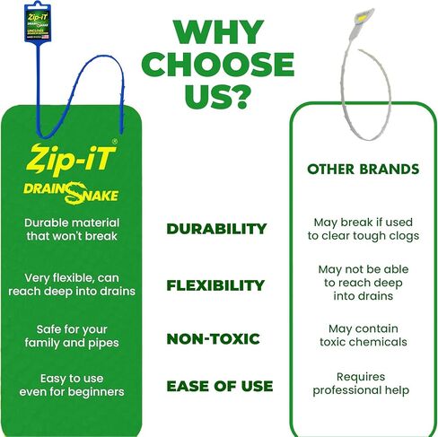مزيل انسداد تصريف الشعر من زيب إت، أداة فك الانسداد مقاس 63.5 سم للاستحمام والحوض والمغسلة في ثوانٍ، قابلة لإعادة الاستخدام، مرنة، غير سامة، ثعبان تصريف (3 عبوات) in Kuwait