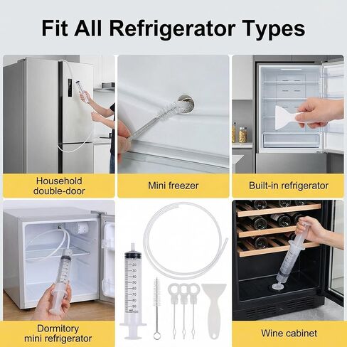 MUAECH 7-Piece Refrigerator Drain Hole Cleaner Kit, 60in Flexible Fridge Drain Cleaning Brush & Hose Set with Syringe, Plungers and Shovel for Unclogging Fridge Water Line & Dispenser in Saudi Arabia