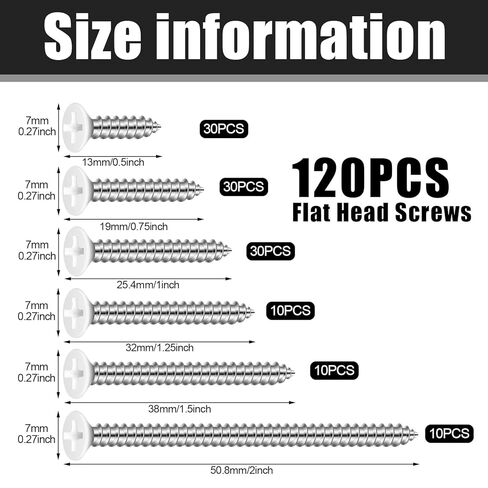 120Pcs #8 Flat Head Wood Screws, 1",3/4",1/2",2",1-1/2",1-1/4" White Wood Screws Assortment Kit for 3.6mm-3.8mm Holes in Kuwait