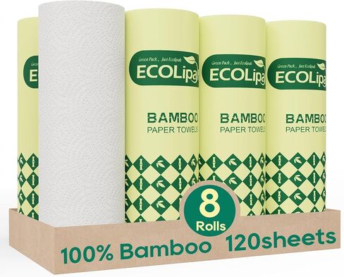 ECOlipak Bamboo Paper Towels - 8 Rolls, 2 Ply 120 Sheets- Plastic Free, Tree Free, Compostable, Disposable Kitchen Paper Towels, Soft and Absorbent, PFAS Free, White in Saudi Arabia