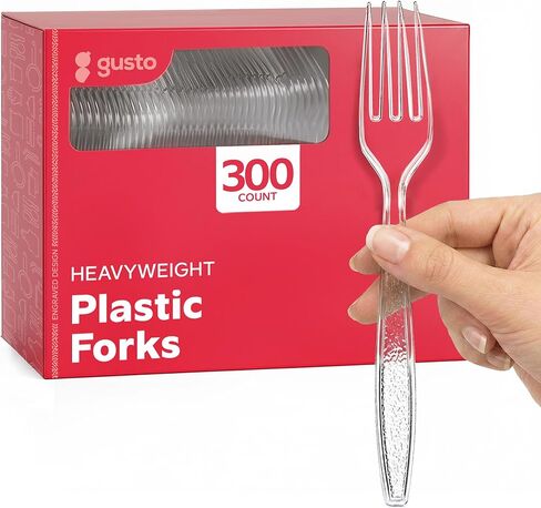 GUSTO [300 Pack] شوكات بلاستيكية شفافة ثقيلة الوزن بتصميم منقوش - أواني بلاستيكية متينة للاستعمال مرة واحدة للحفلات وحفلات الزفاف والمناسبات (عبوة مريحة سابقًا) in Kuwait