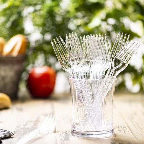 GUSTO [300 Pack] Heavyweight Clear Plastic Forks with Engraved Design - Disposable Sturdy Plastic Utensils for Parties, Weddings, and Events (Formerly Comfy Package) in Saudi Arabia