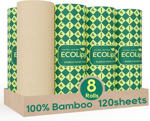 ECOlipak Bamboo Paper Towels - 8 Rolls, 2 Ply 120 Sheets- Plastic Free, Tree Free, Compostable, Disposable Kitchen Paper Towels, Soft and Absorbent, PFAS Free, White in Kuwait