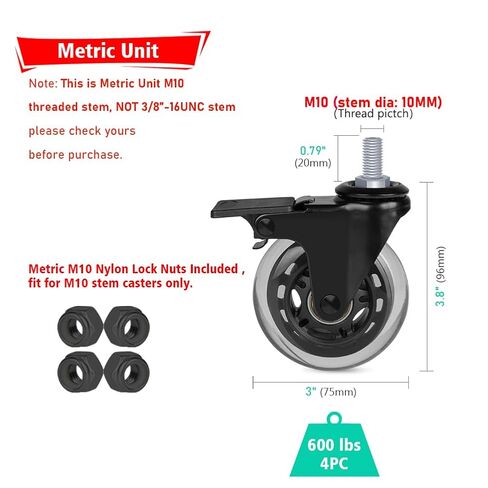 4 عبوات من العجلات الجذعية مقاس 3 بوصات، عجلات دوارة Hirate Metric M10 شديدة التحمل تحمل 600 رطل مع صواميل نايلون (2 مع فرامل و2 بدون) لعربات التسوق وعربة اليد والأدوات والأثاث المتحرك in Kuwait
