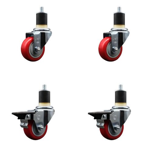 Polyurethane Swivel Expanding Stem Caster Set of 4 with 3 Inch Red Wheels and 1-7/8" Stems - Includes 2 with Posi Locking Brakes - 1200 lbs Total Capacity - Service Caster Brand in Saudi Arabia
