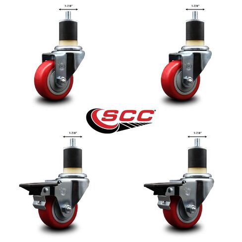 Polyurethane Swivel Expanding Stem Caster Set of 4 with 3 Inch Red Wheels and 1-7/8" Stems - Includes 2 with Posi Locking Brakes - 1200 lbs Total Capacity - Service Caster Brand in Saudi Arabia