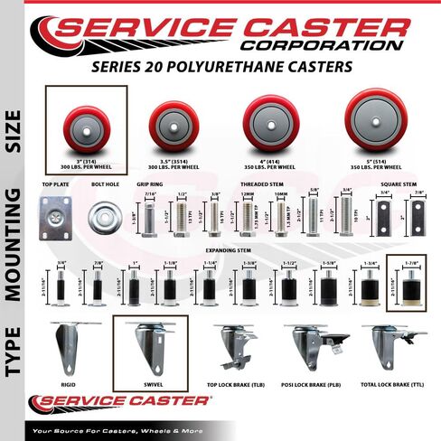 Polyurethane Swivel Expanding Stem Caster Set of 4 with 3 Inch Red Wheels and 1-7/8" Stems - Includes 2 with Posi Locking Brakes - 1200 lbs Total Capacity - Service Caster Brand in Saudi Arabia