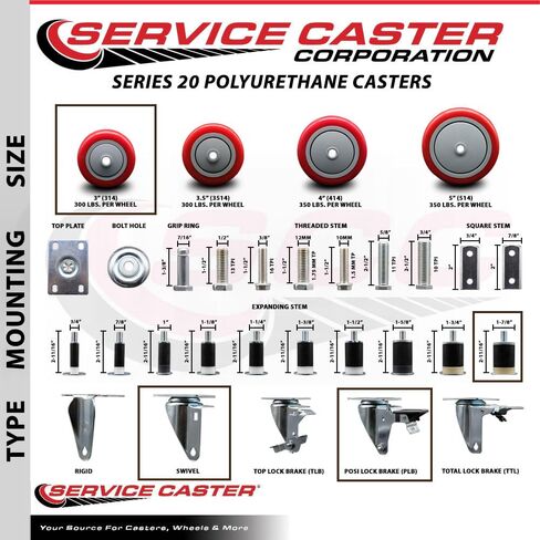 Polyurethane Swivel Expanding Stem Caster Set of 4 with 3 Inch Red Wheels and 1-7/8" Stems - Includes 2 with Posi Locking Brakes - 1200 lbs Total Capacity - Service Caster Brand in Saudi Arabia